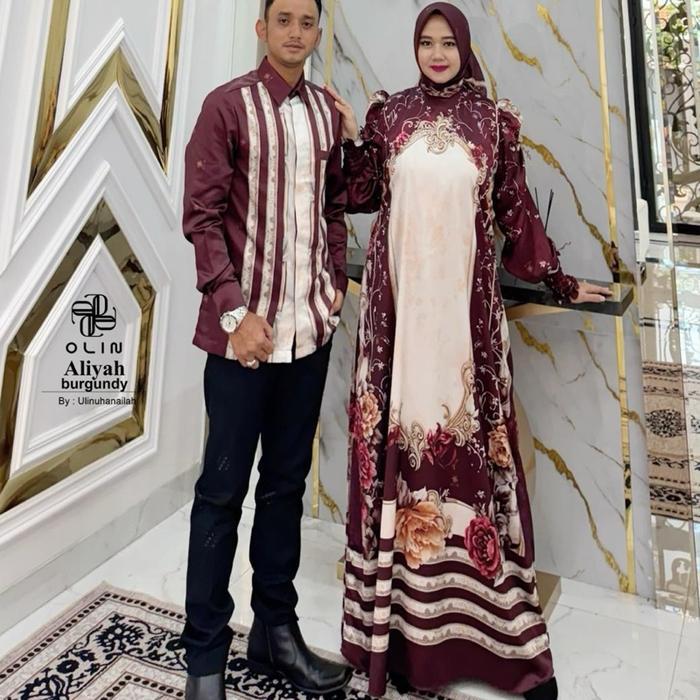 Aurakay Gamis Sarimbit Aliyah Set Hijab 7395 By Olin Sister Bahan Silk Sutra Premium Super Adem