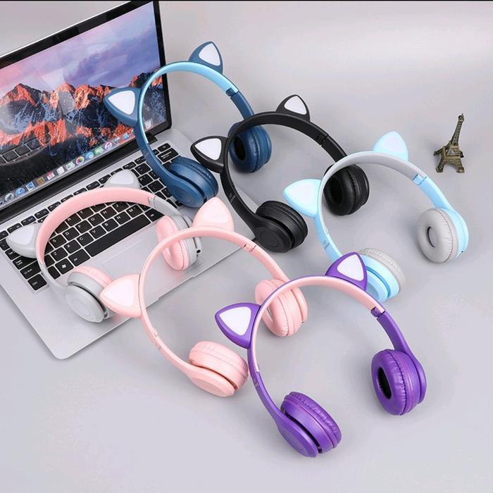 "New" Headset kucing bluetooth LED XY 205 headphone anak perempuan pink