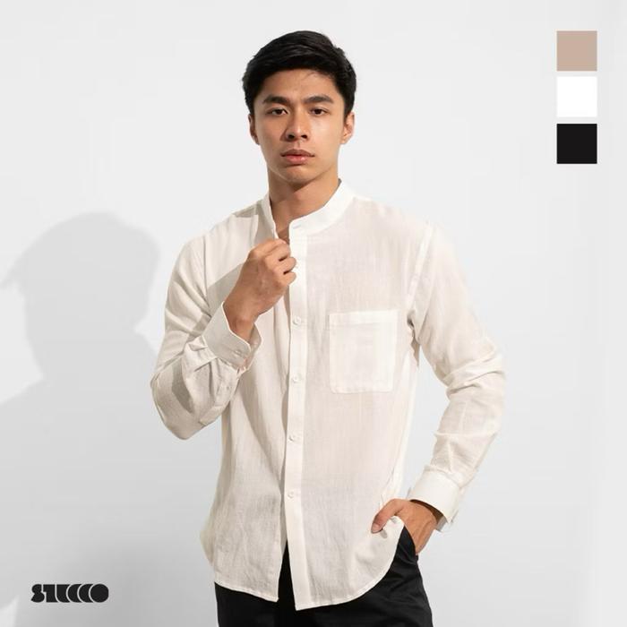 Stucco Riku Cotton Crepe Katun Kemeja Koko Pria Panjang Long Sleeve Shirt Stand Collar Coklat susu