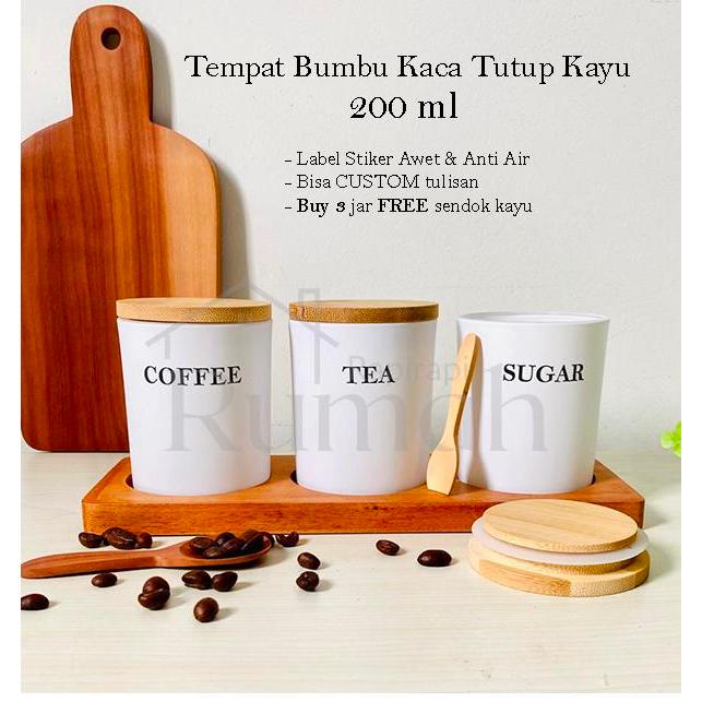 VIN - Toples Kaca 200 ml Putih Tutup Kayu Tempat Kopi Gula Teh Bambu