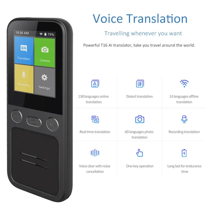 T16 AI Voice Real Time Translator Machine 138 Multi Online Languages Voice-Record 3.1 Inch Big Scree