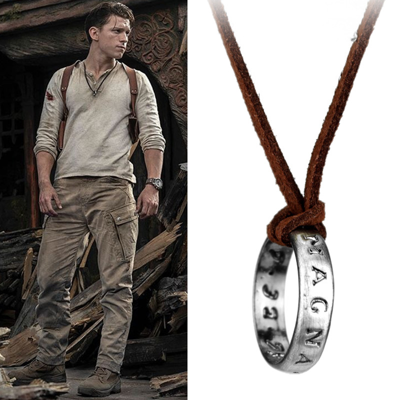 Movie Game Uncharted 4 Necklace Nathan Drake Cosplay Ring Leather E Ancient Vintage Pendant Jewelry