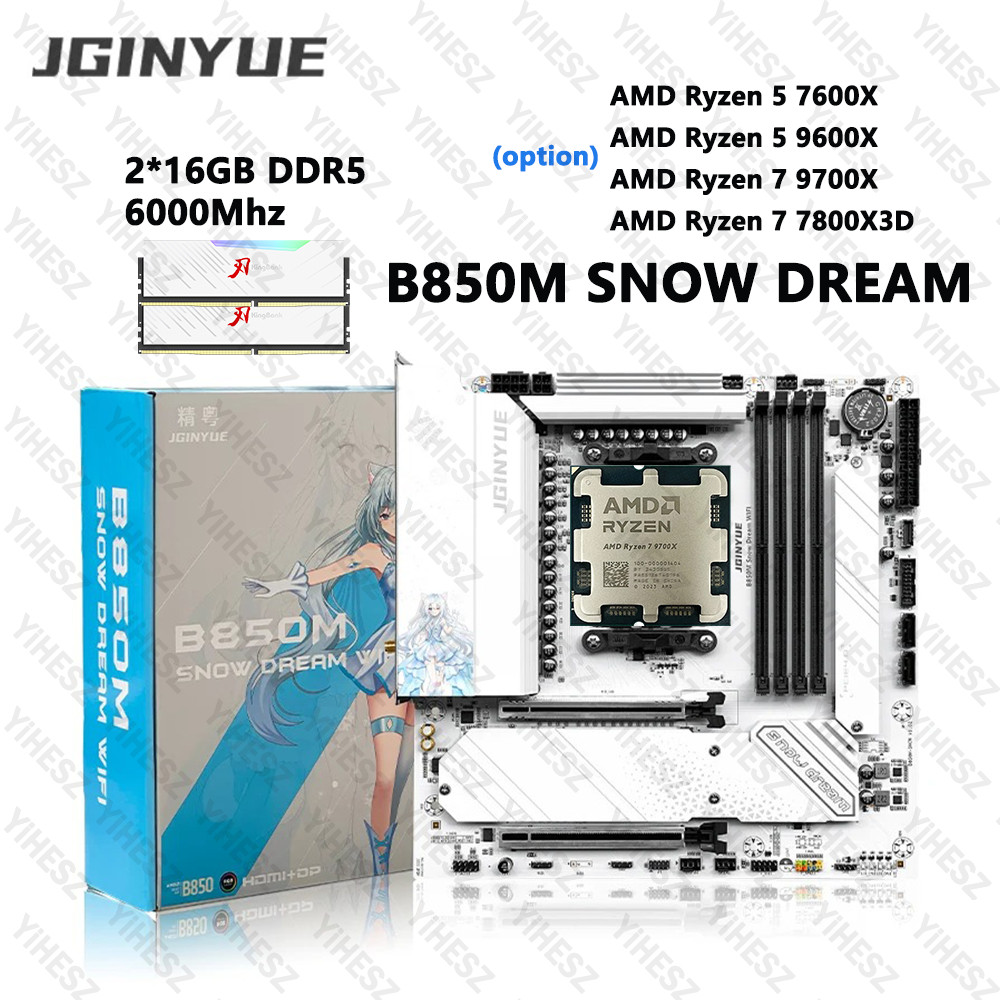 JGINYUE B850M Snow Dream WiFi AM5 Motherboard For AMD Ryzen 5 9600X AMD Ryzen 7 9700X/7800X3D