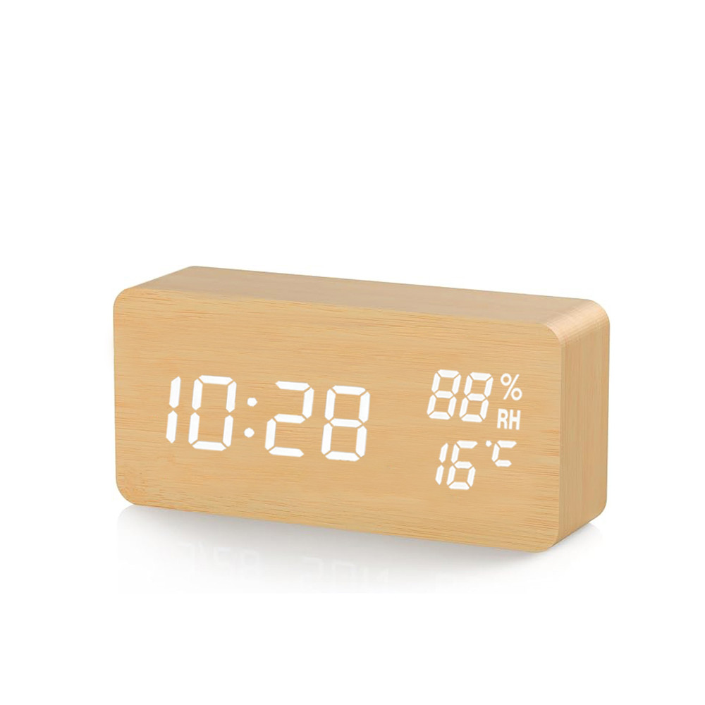Wooden Digital Alarm Clock With Temperature Humidity Led Desk Clock For Office Bedroom Wooden