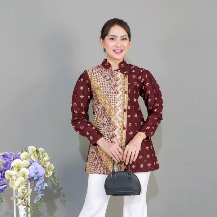 Batik Solo Trendy - Blouse Yolla Burgundy Model Janggan Batik Dengan Bahan Katun Premium Dan Sudah