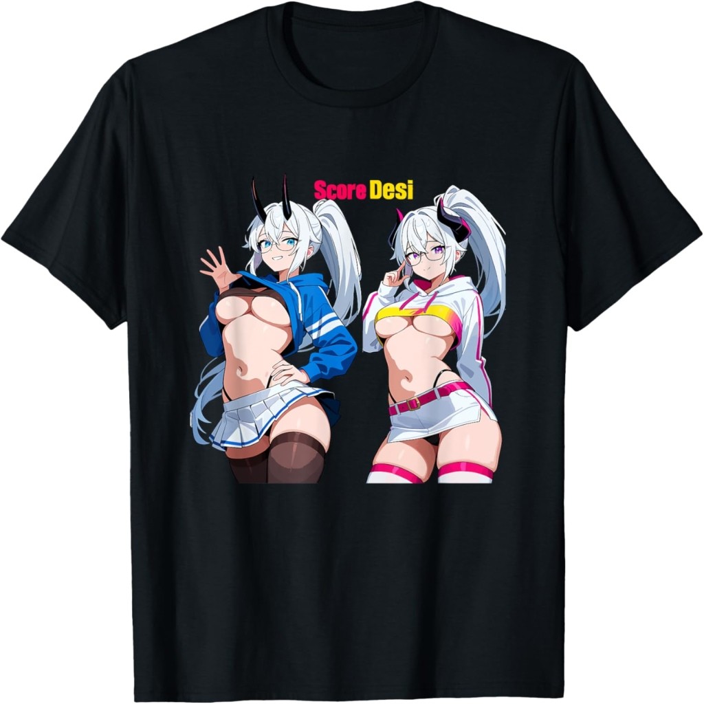 Waifu Sexy Anime Girl Horns Glasses Skirt Japanese Manga T-Shirt