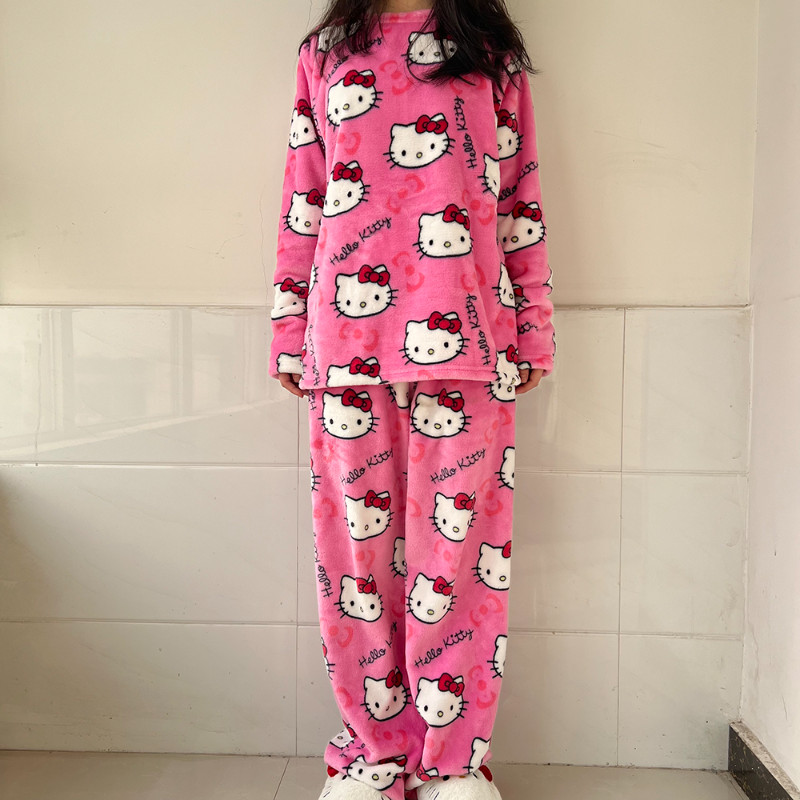 Sanrio Hello Kitty Women Autumn Winter Pajamas Pants Sets Flannel Velvet Y2K Anime Cartoon Winter