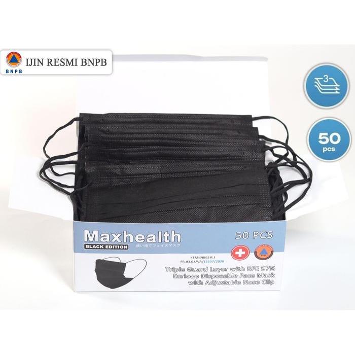 "New" Black Earloop Maxhealth Masker 3ply Earloop Disposable Mask All Hitam