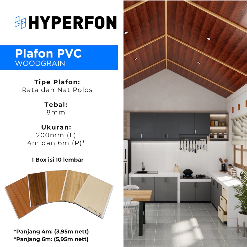Hyperfon Plafon PVC by TACO Serat Kayu Doff Tebal 8mm Panjang 4 meter dan 6 Meter Per 1 Box (Nat Pol
