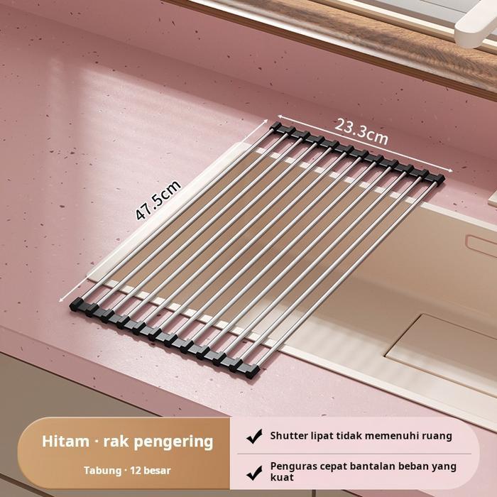 Rak Pengering Wastafel Dapur Lipat, Gulungan Penyimpanan Stainless Steel, Tirai Pengering, Rak