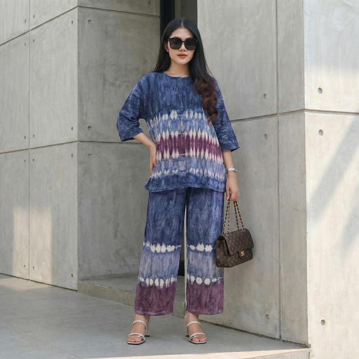 Setelan kaos wanita busui jumbo lengan 3/4 murah Baju Celana Batik Katun Panjang Kulot