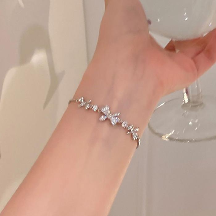Gelang Serut Busur Zirkon Mengkilap Manis Wanita Gelang Perak Kristal Aesthetic Gelang