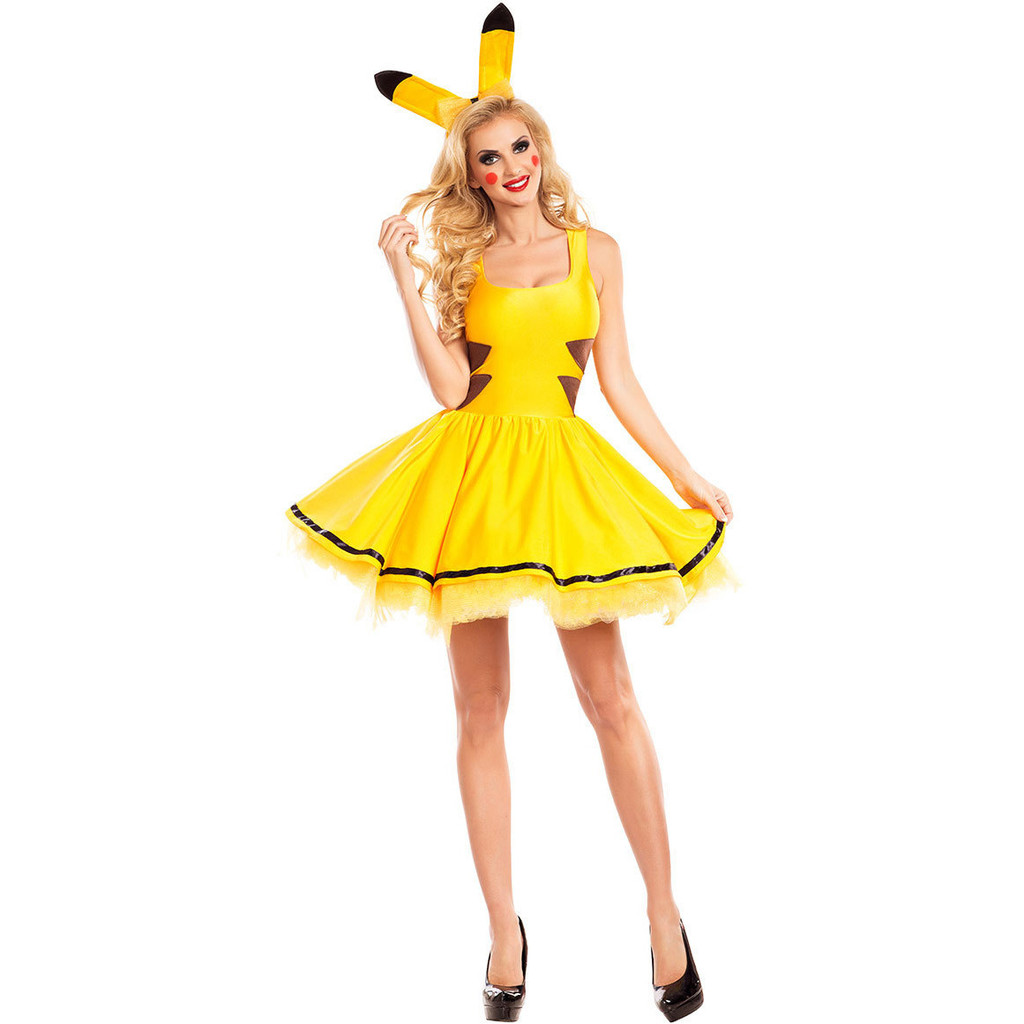 Halloween Disguise Anime Cosplay Anime Cosplay Pikachu Sleeveless Dress With Headband Carnival Party