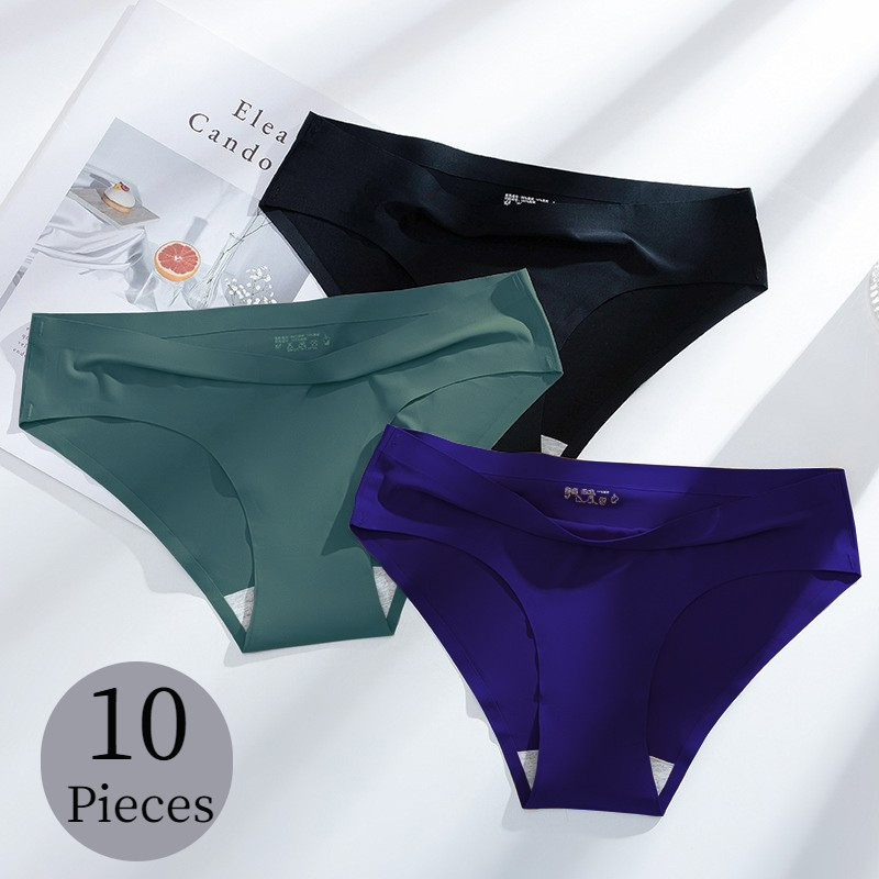 Giczi 10Pcs/Set Seamless Women'S Panties Solid Color Silk Satin Underwear Breathable Comfortable