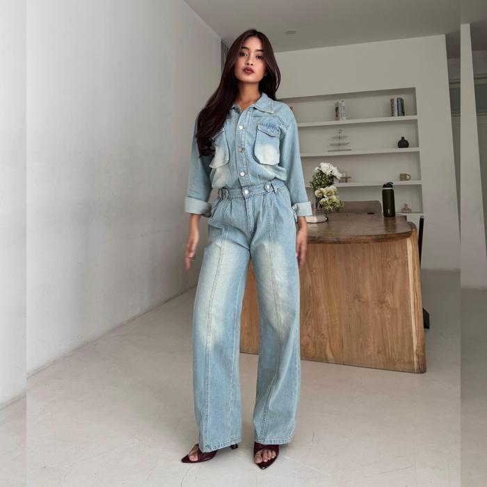 LADOUCE - Angel Denim Jumpsuit Jumpsuit Jeans Wanita Jumpsuit Panjang Denim