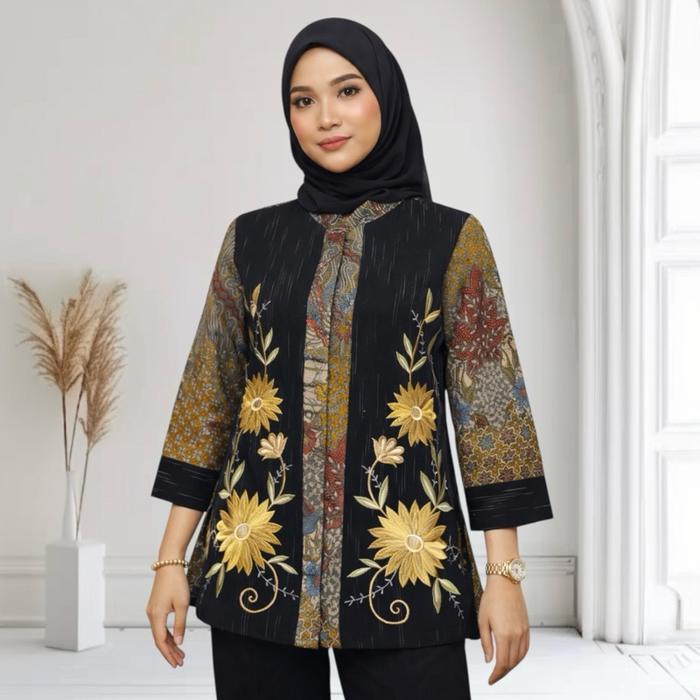 Atasan Batik Blouse Wanita Bordiran Premium Kain Katun Doby Kombinasi Tenun Elegan l Batik Cewe