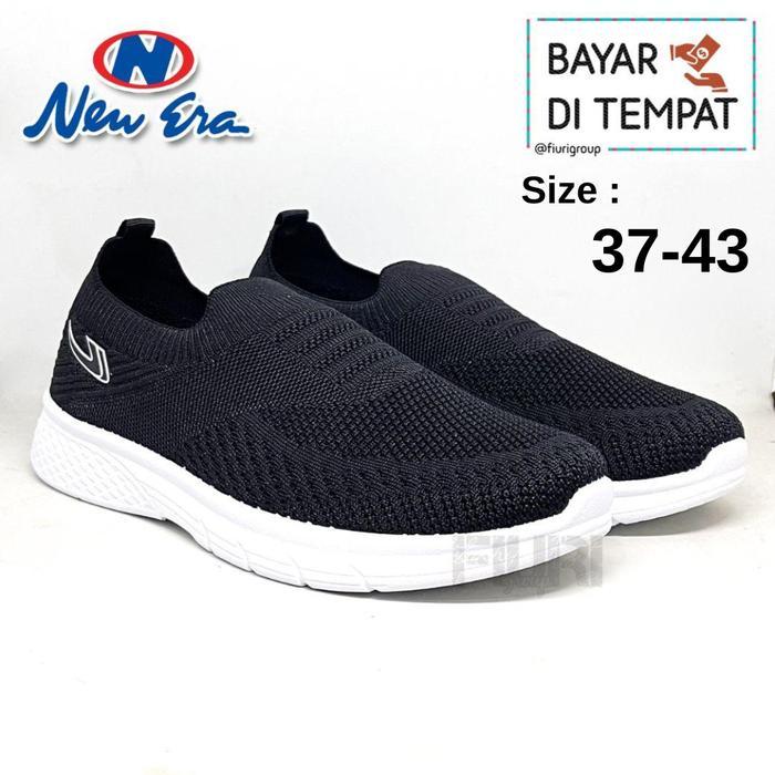 ASLI FIURI - NEW ERA - WINDA 37-41 HITAM PUTIH - SEPATU SNEAKERS SLIP ON WANITA - SEPATU KNIT RAJUT