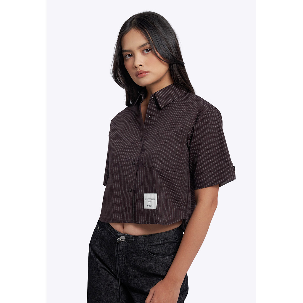 COLORBOX Stripes Short Sleeve Boxy Shirt Dark Brown