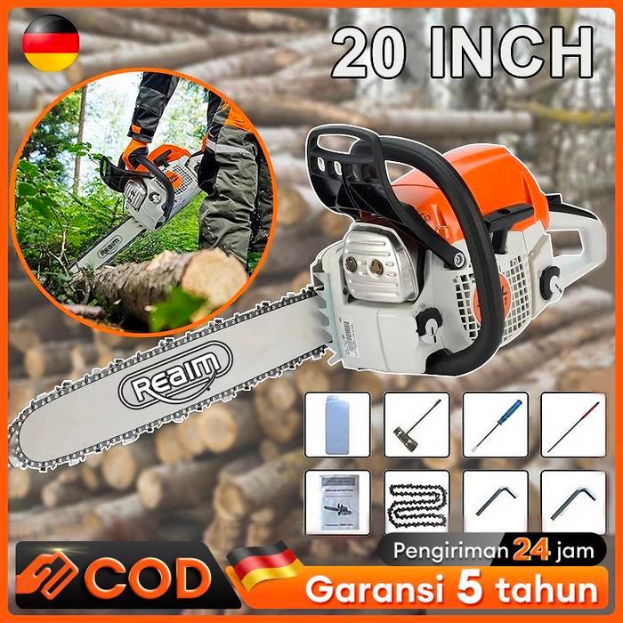 REAIIM Gergaji Mesin Bensin Profesional untuk Penebangan Kayu Mesin Potong Kayu 52CC 20inch Chainsaw