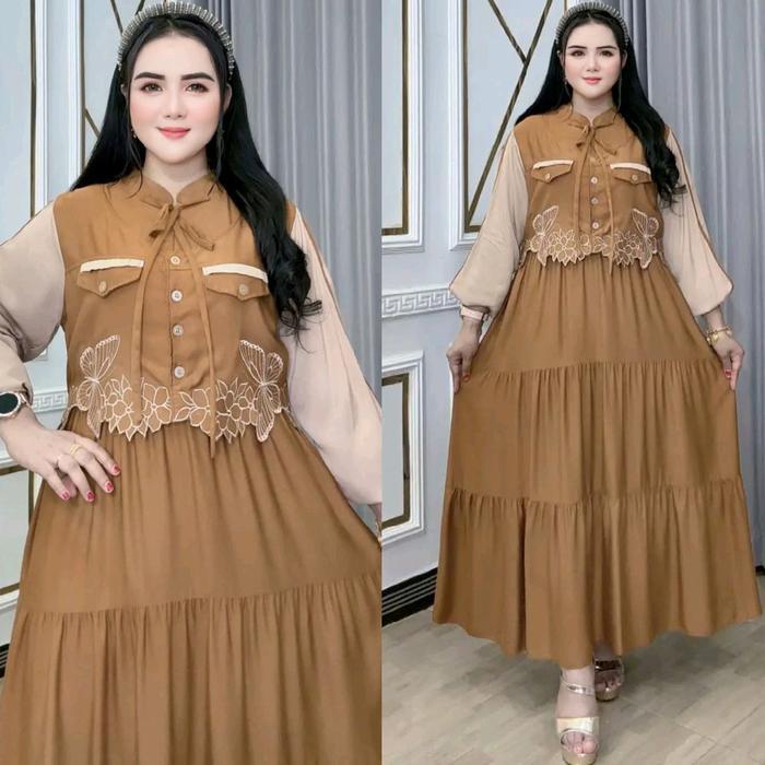 terlaris, best seller Rompi Bordir Kerisa 0189-3750 Midi Dress Rayon Twill Premium Dada Tali Hiasan