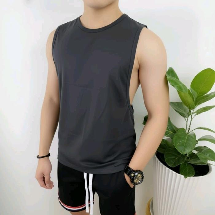 Best Seller Low Cut - Kaos Singlet Low Cut-Singlet Low Cut Polos Gym Pria Hitam Original