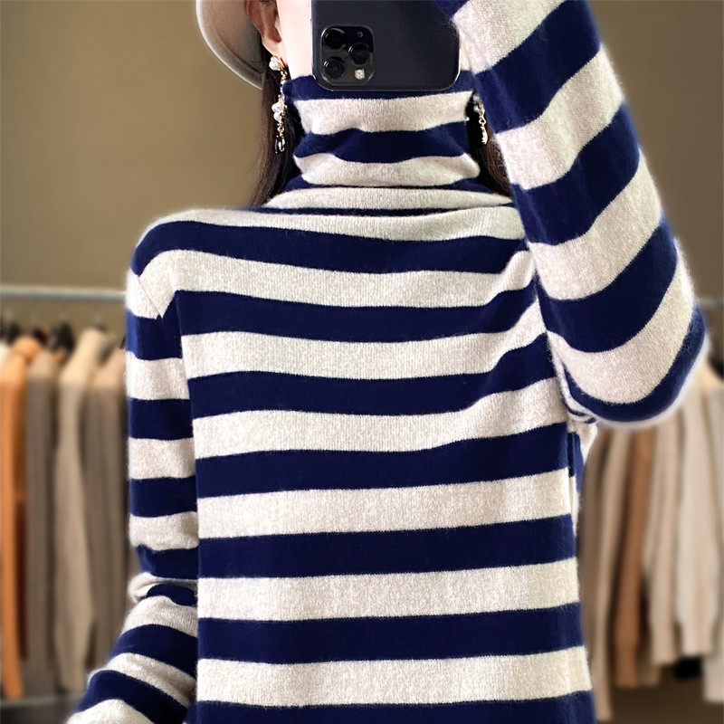 2025 autumn and winter women's cashmere sweater high neck cashmere sweater women's striped sweater