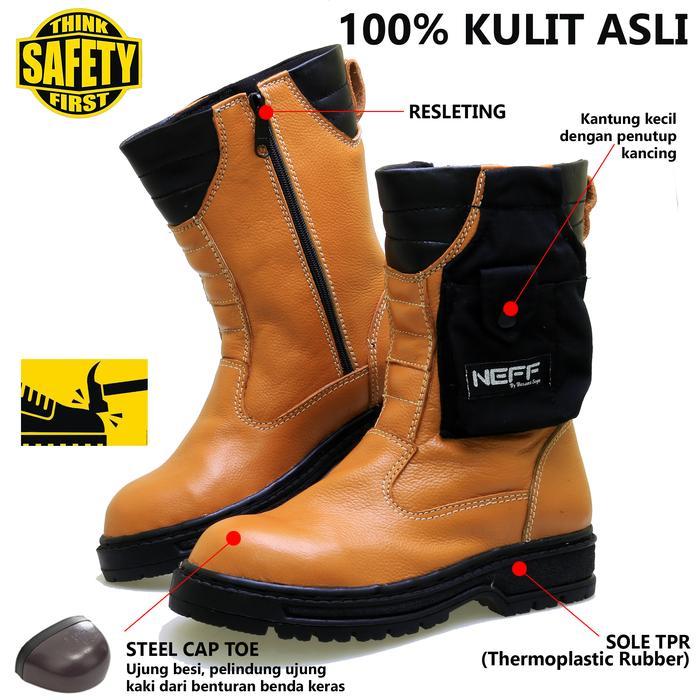 NEFF Sepatu Boot Safety Pria Kulit Sapi Sole TPR Anti Licin Pelindung Besi Cocok untuk Kontruksi dan