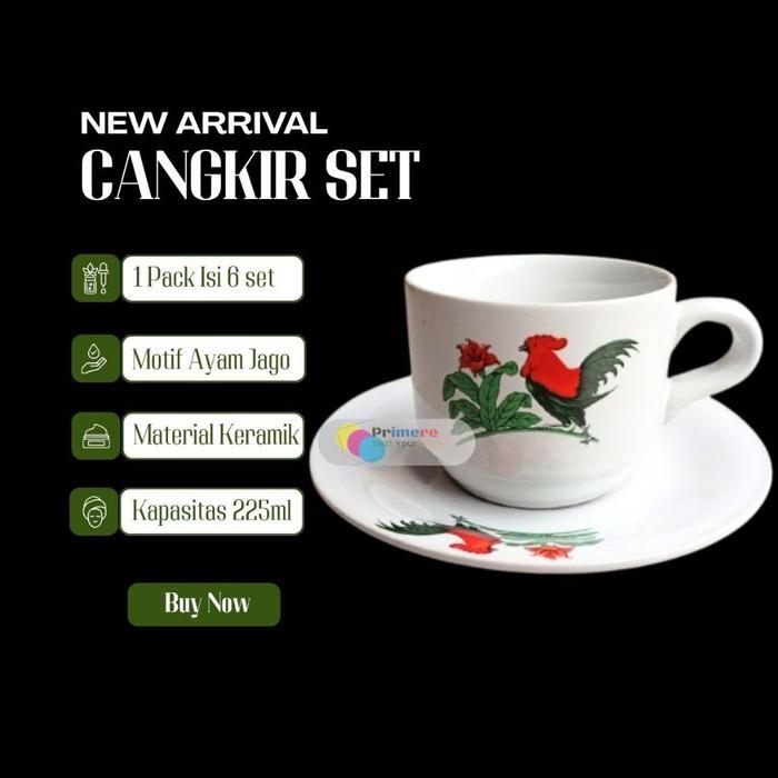 Gelas Set Cangkir Kopi Keramik 225ml Aesthetic 1 Pack 6pcs Motif Ayam Jago Murah
