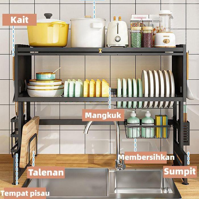105Cm Rak Dapur Dengan Penutup Rak Piring Mangkuk Stainless Rak Piring Wastafel Multifungsi Rak