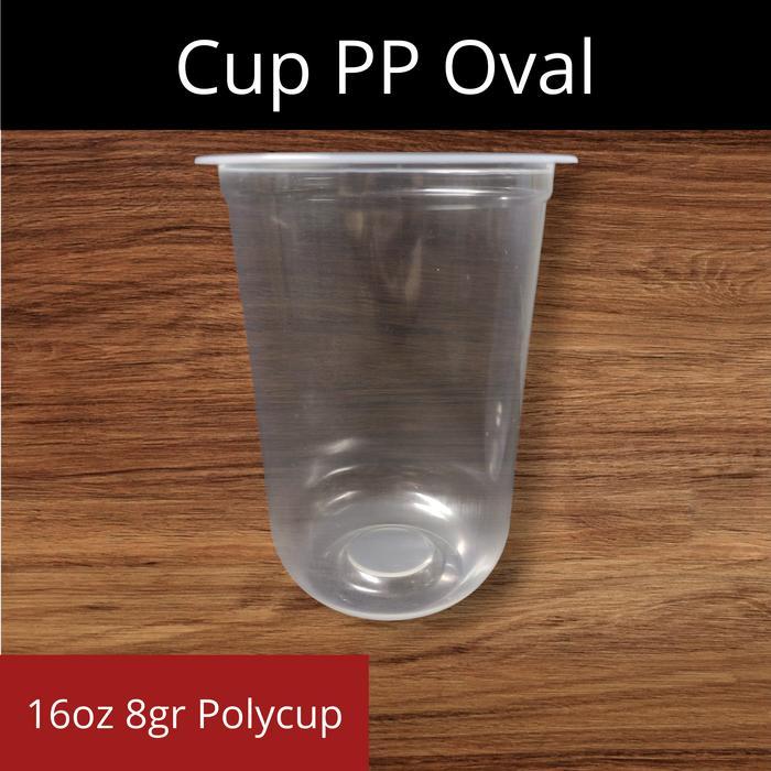 GELAS CUP PLASTIK BAHAN PP MODEL OVAL 16OZ 7GR / 16OZ 8GR / 16OZ 8,5GR / 16OZ 9GR SABLON 1 WARNA