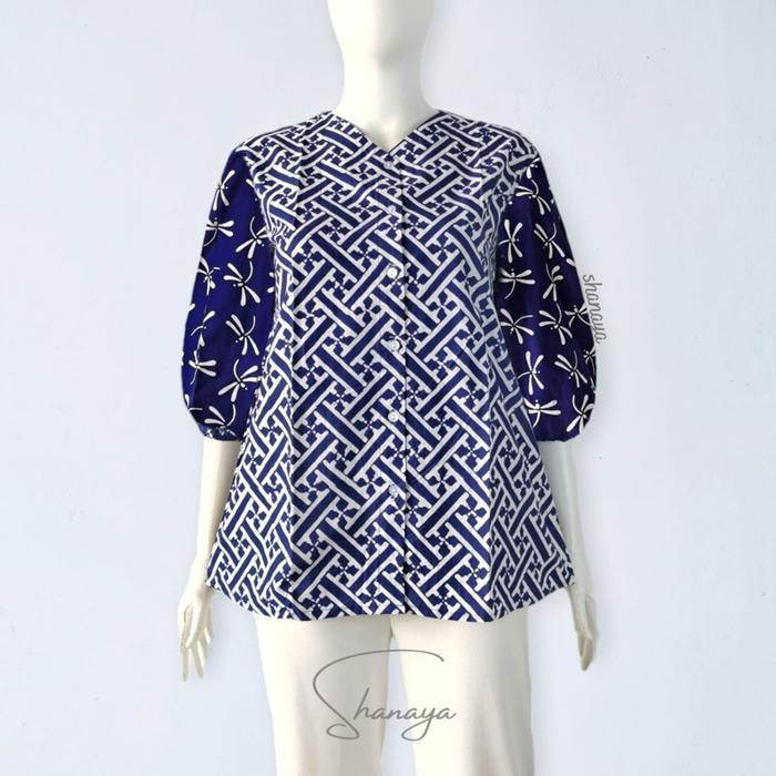 Shanaya Atasan Batik Wanita Modern Blus Purwanti Batik Cap Garutan Lengan Nanggung Blouse Kemeja