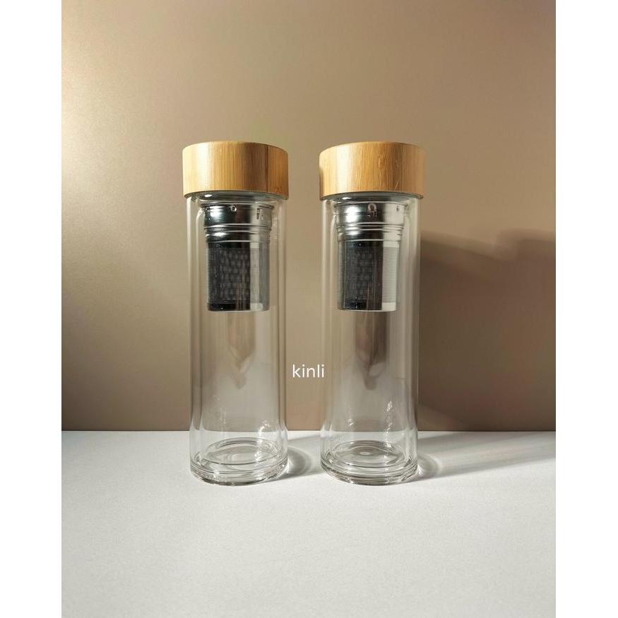 Double Wall Glass Tea Bottle Stainless Steel Infuser Bamboo Lid