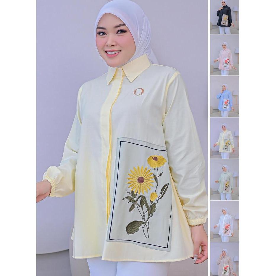 OVI Shirt - Kemeja Tunik Wanita Motif Bordir Bunga Matahari - Atasan Muslimah Premium