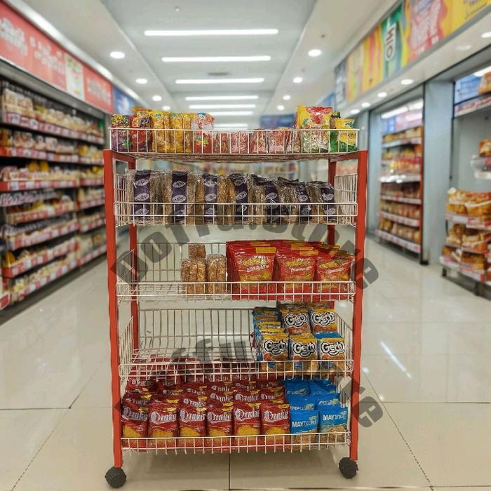 RAK MINIMARKET MERAH KOTAK RODA SS 5/RAK CIKI SUSUN 4/RAK CHIKI SUSUN 5 Merah Besi