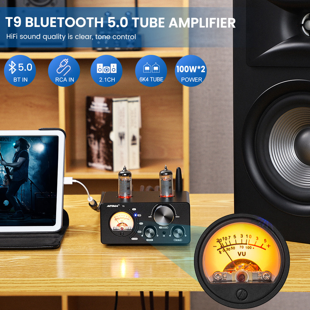 AIYIMA Audio T9 HiFi Bluetooth 5.0 Vacuum Tube Amplifier USB DAC Stereo Amplificador COAX OPT VU