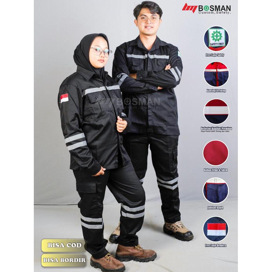 Setelan wearpack safety-hitam polos-atasan bawahan safety pria dan wanita-kemeja kerja lapangan
