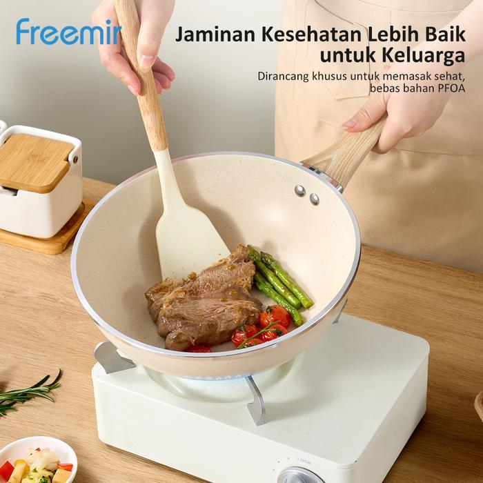 [Baru] Freemir Beige 24Cm Wajan Wokpan Panci Anti Lengket Satu Gagang +Tutup Kaca Teflon Multifungsi