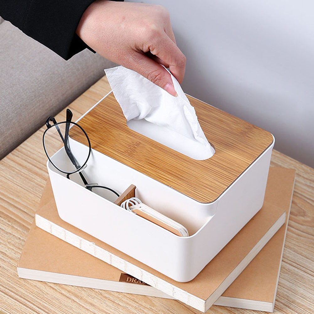 Kotak Tisu Plastik Rumah Tangga dengan Tutup Kayu Tempat Serbet Desktop Kertas Handuk Organizer Kota