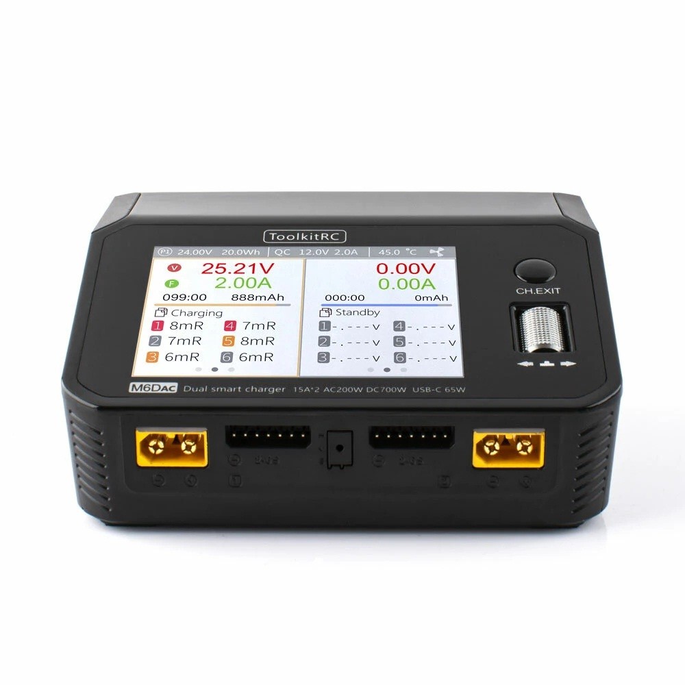 PROMO   ToolkitRC M6DAC AC 200W DC 700W 15A*2 USB-C 65W QC3.0 Dual Channel Smart Lipo Battery Charge