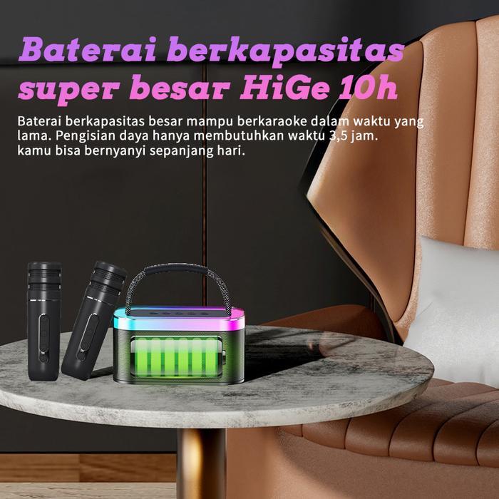 Speaker Karaoke 2 Mikrofon Speaker Bluetooth Mini Portabel Dengan Efek Pengubah Suara Dan Lampu Led