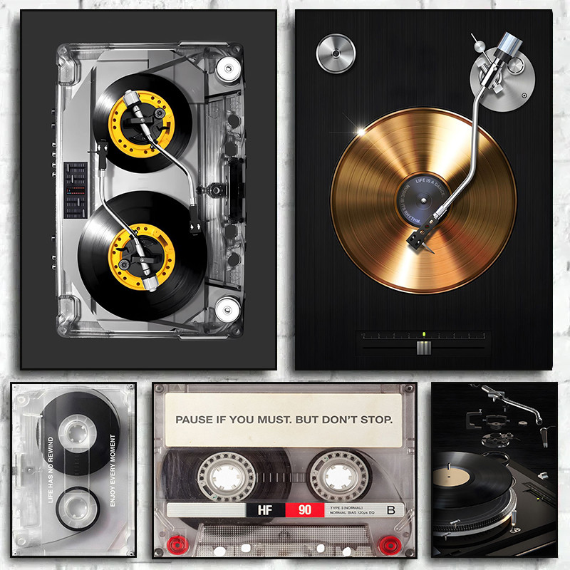 Vintage Cassette Poster Cassette Dj Turntable Canvas Prints Painting Gold Vinyl Dj Turntable Wall