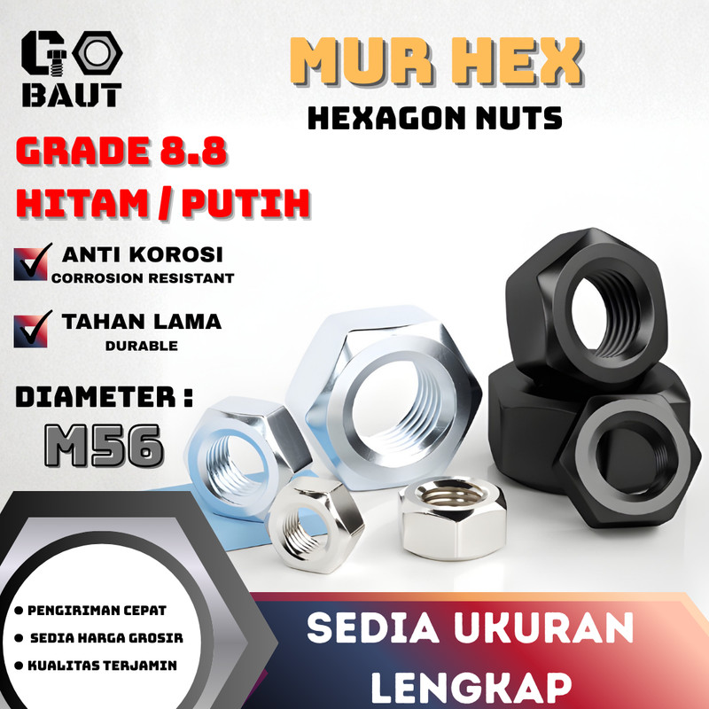 8.8 Mur Hexagon / Nut Hex / Mur Segi Enam Baja (Hitam / Putih) M56