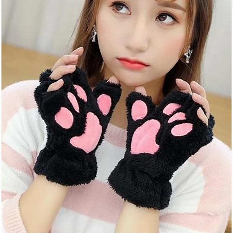 Winter Thickened Fluffy Bear Paw Half Finger Gloves Cute Cartoon Cat Paw Open Finger Gloves For