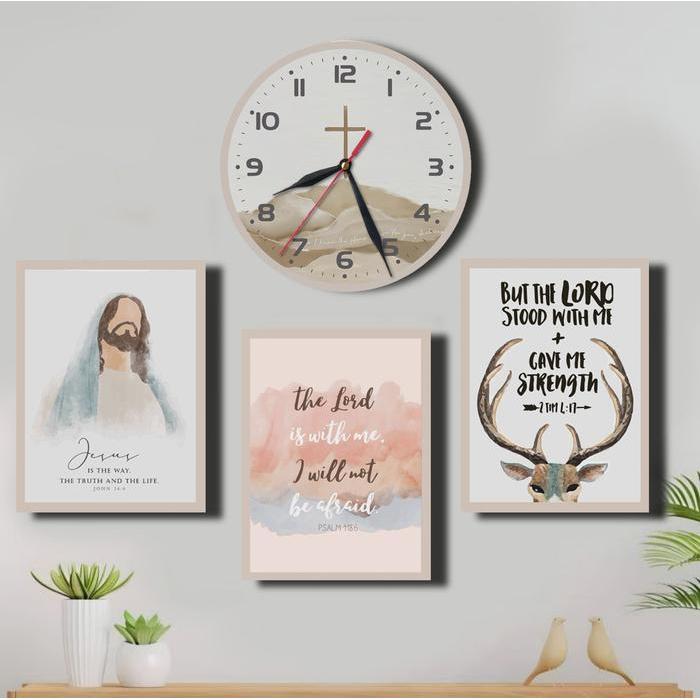 Jam Kayu dan hiasan dinding Rohani Kristen Gambar YESUS SALIB Dekorasi Ruang tamu