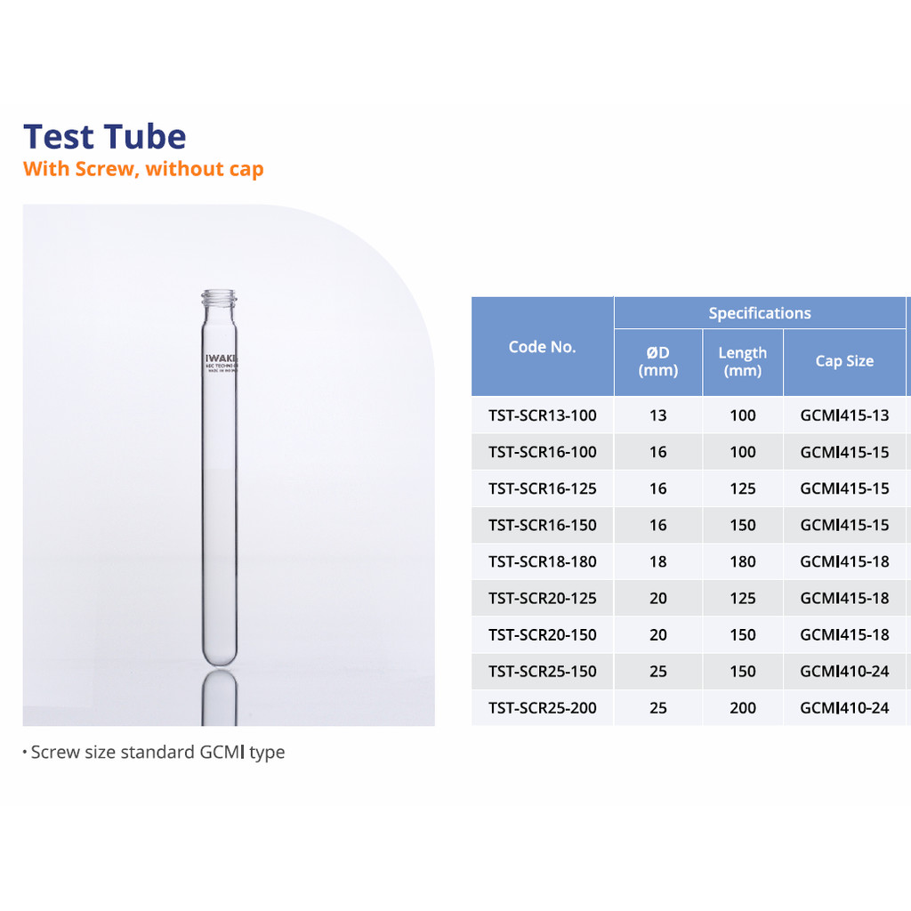 Test Tube With Screw Without Cap 18 x 180 mm Merk Iwaki Original Code Number TST-SCR18-180