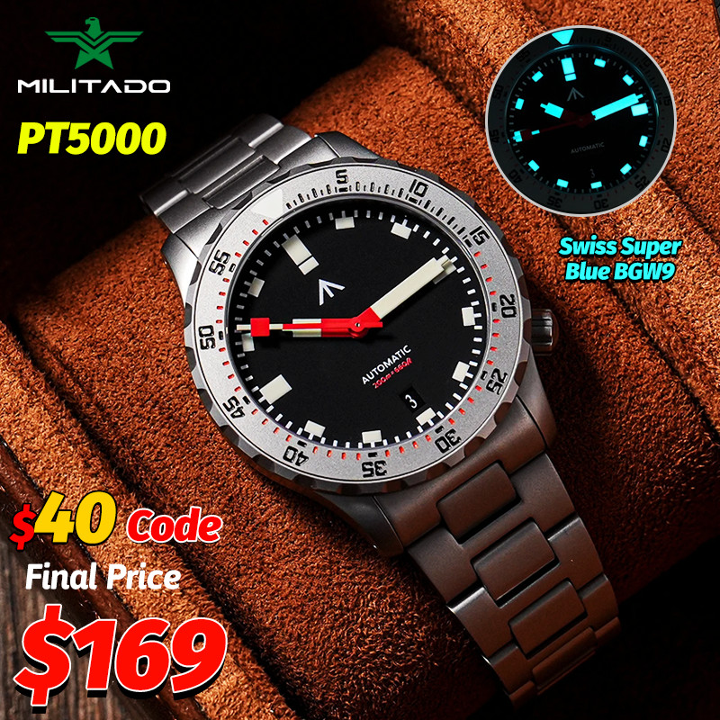 Militado New ML20 Automatic Mechanical Wristwatch PT5000 Sapphire 200M Waterproof Stainless Steel