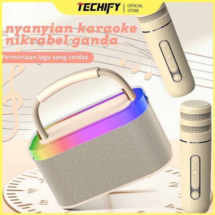 Speaker Karaoke 2 Mikrofon Speaker Bluetooth Mini Portabel dengan Efek Pengubah Suara dan Lampu LED