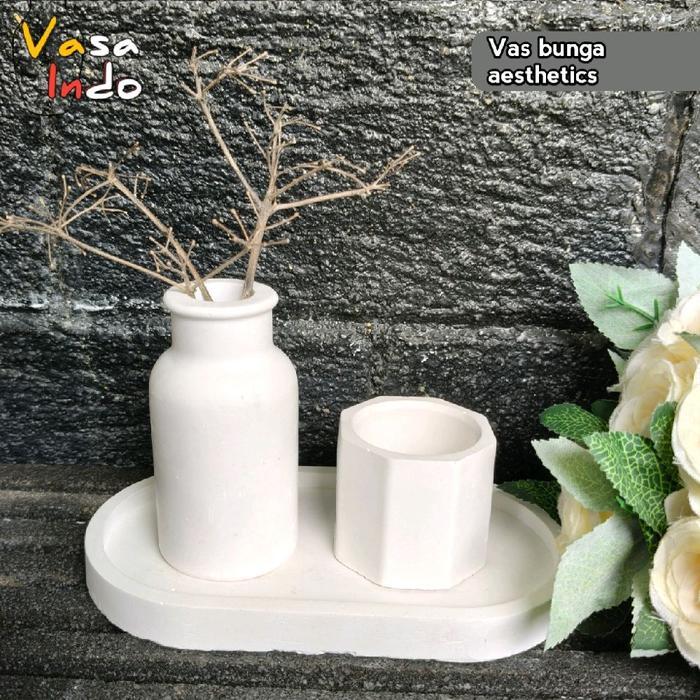 Vas bunga hiasan meja kerja-vas bunga aesthetik-pot semen-background konten-pas bunga