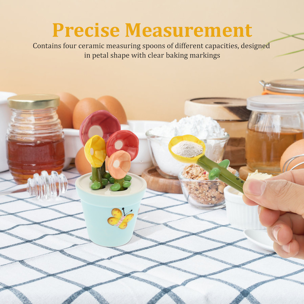 4Pcs Ceramic Measuring Spoon Set Flower Shape Baking Scale Spoon with Base Reusable Measuring Spoon