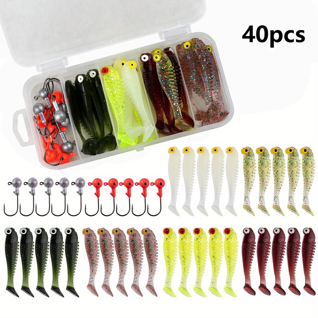 40Pcs/Lot Soft Lure Kit Soft Fishing Lure 5Cm 3.5G Jig Head Hook With Fishing Tackle Box Pesca